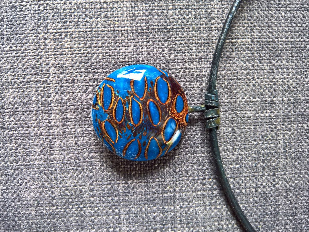Natural banksia pod blue necklace pendent leather metal handcrafted